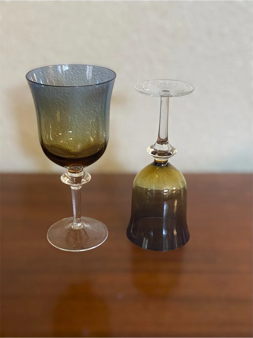 Rare Pair Vtg Ombre Blue & Amber Stemmed water Wine Glasses Handblown Sweden